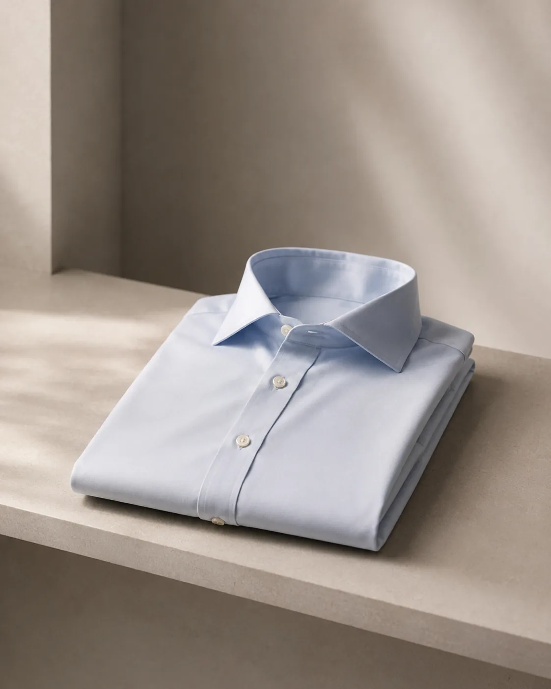 Folded pale blue shirt resting on a stone ledge